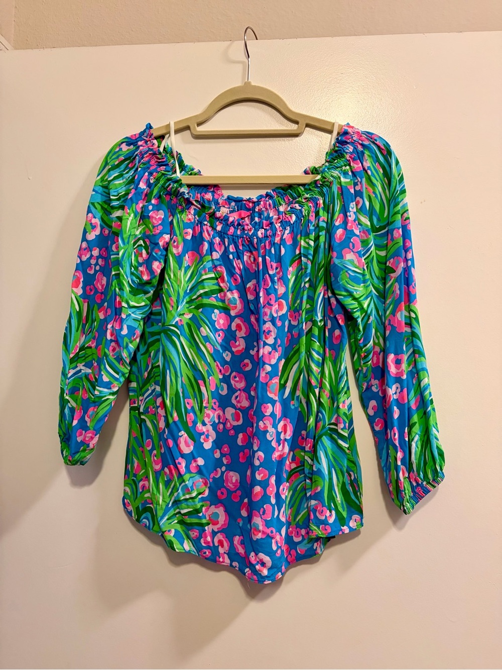 Lilly Pulitzer Blue Off-Shoulder Top with Pink & Green Tropical Print
